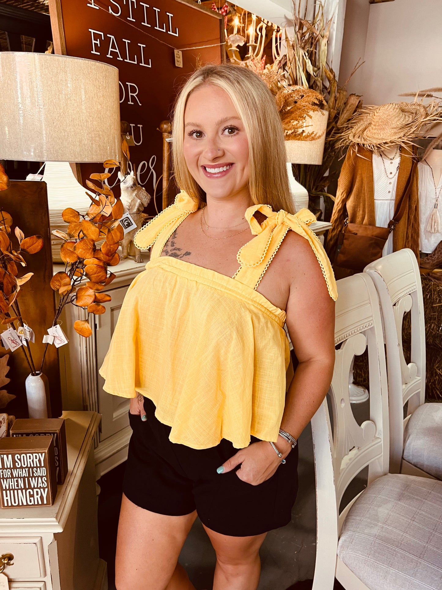 Tie Shoulder Babydoll Top