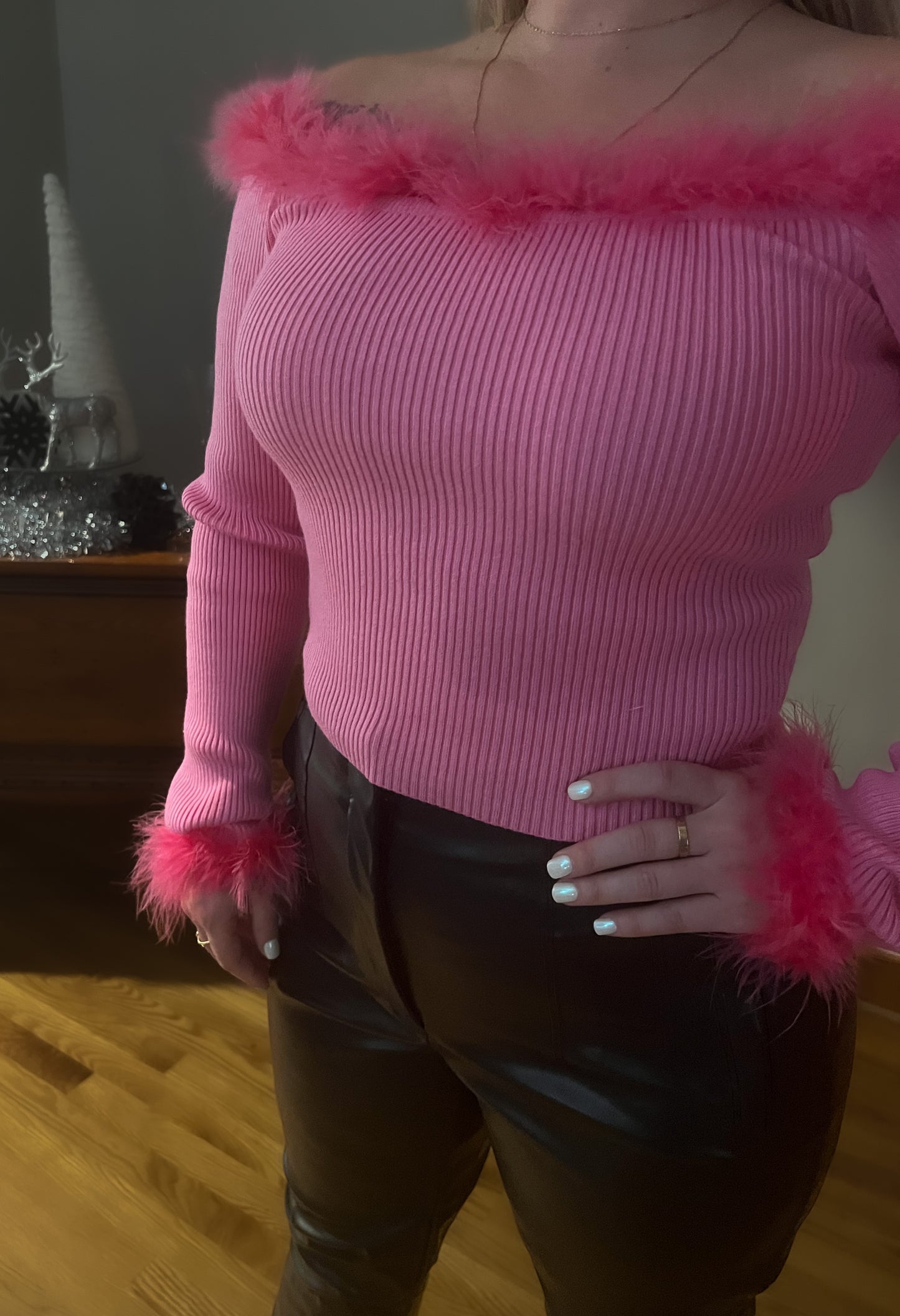 Pink Feather Trim Sweater Top