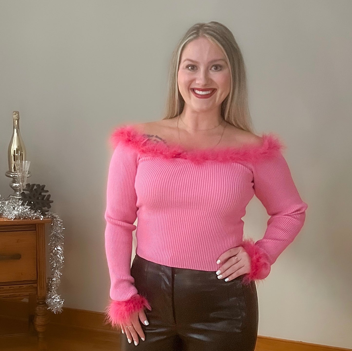 Pink Feather Trim Sweater Top